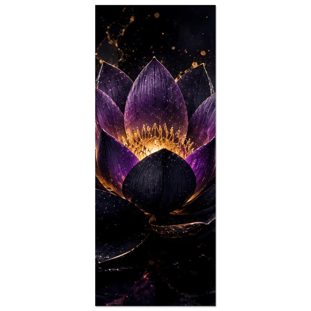 Vertikales Lotusblüten-Poster mit violettem Blütenblatt und goldener Mitte im Dunkelton