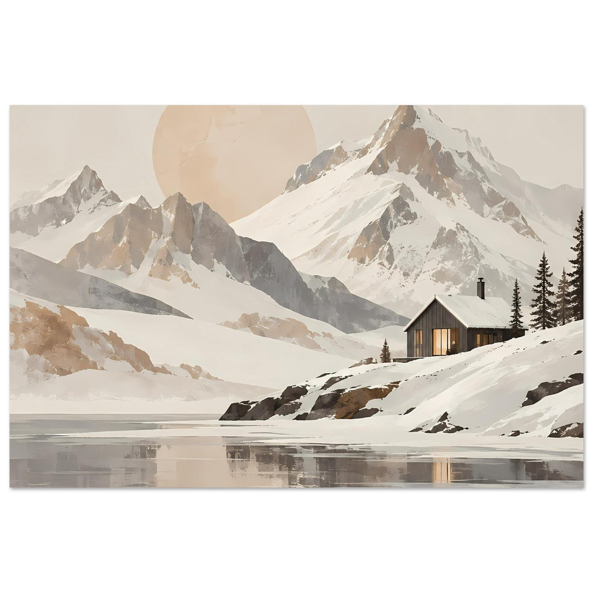 Horizontales Poster der Berglandschaft mit See-Reflexion, schneebedeckten Gipfeln und Tannen