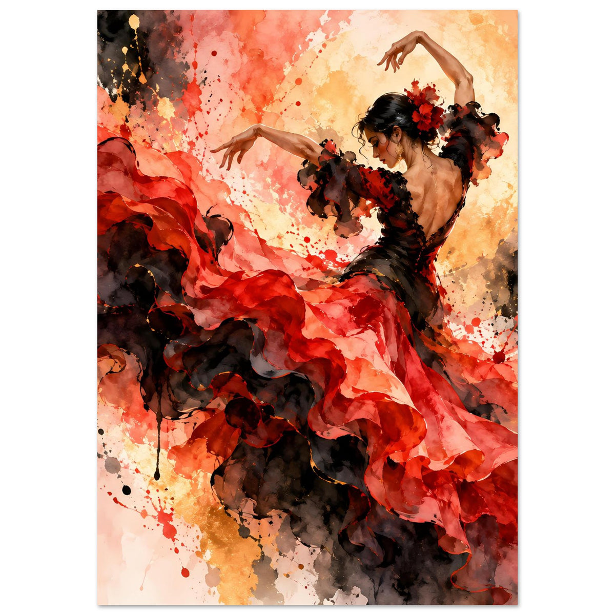 Tanzposter, vertikal: Tänzerin im roten Rock, schwarzer Haarschmuck, drehende Bewegung