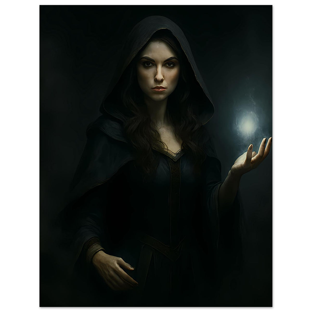 Dunkles Fantasy-Poster: Porträt einer Zauberin in dunkler Kapuze, erhobene Hand mit leuchtender Kugel
