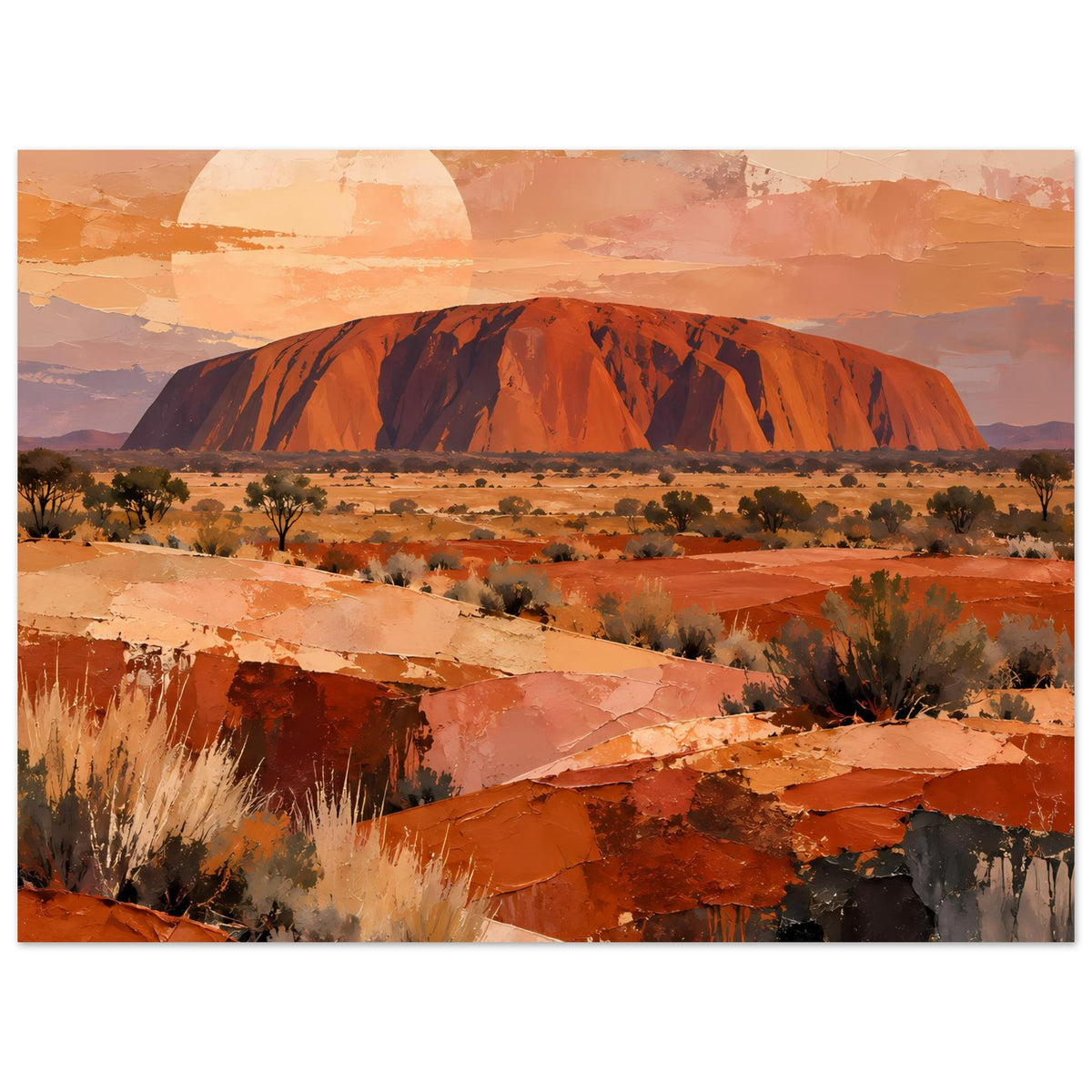 Wandposter im Hochformat mit Uluru-Fels, Wüstenpflanzen und warmen Erdtönen.