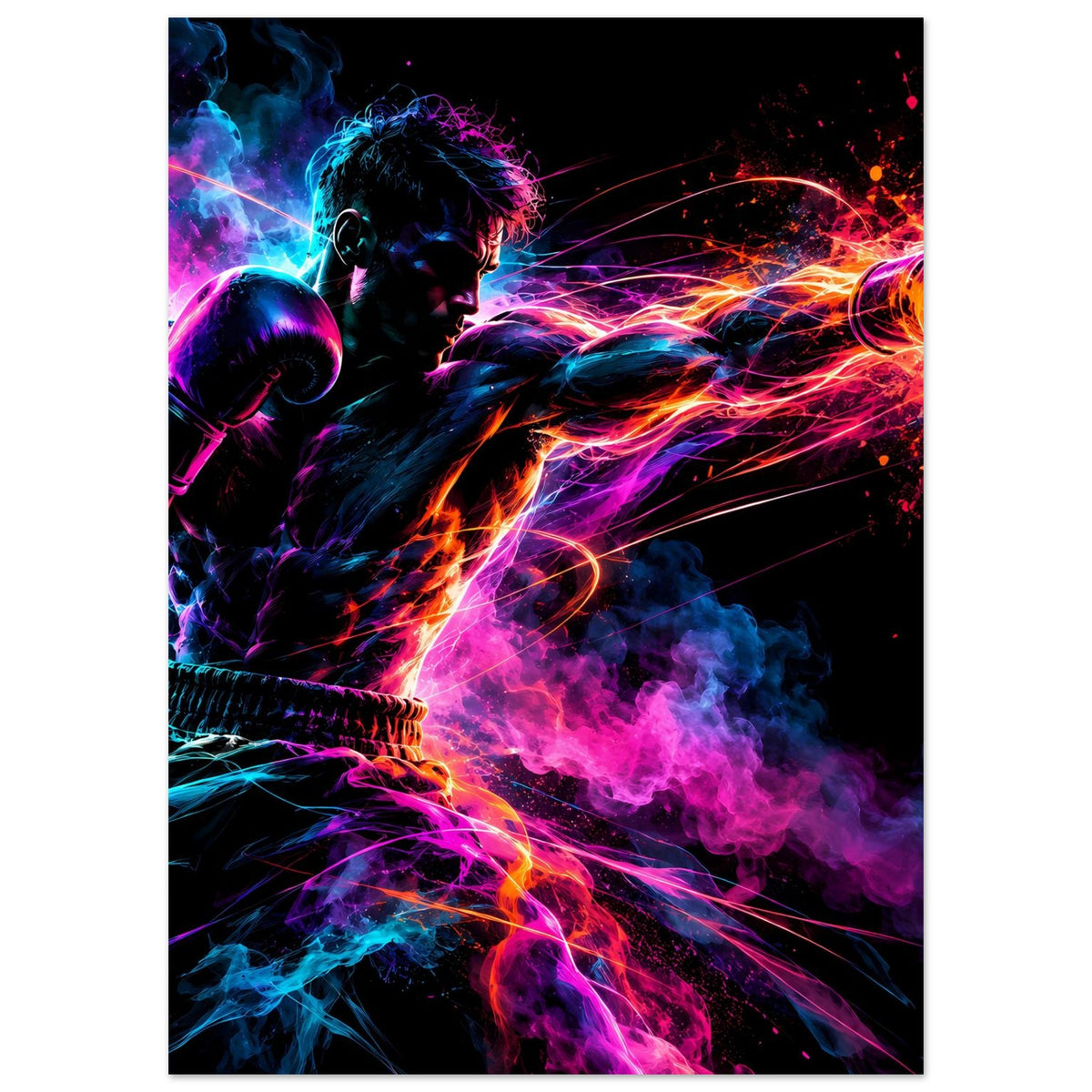 Neon-Boxer-Poster, vertikal: Kämpfer im Neon-Look, Rauch und kreisende Lichtlinien.
