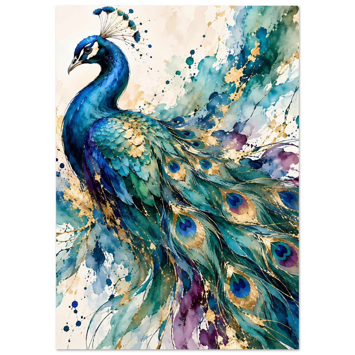 Pfau-Wandposter im Hochformat, Aquarell: blauer Pfau mit farbigem Augenmuster im Schwanz