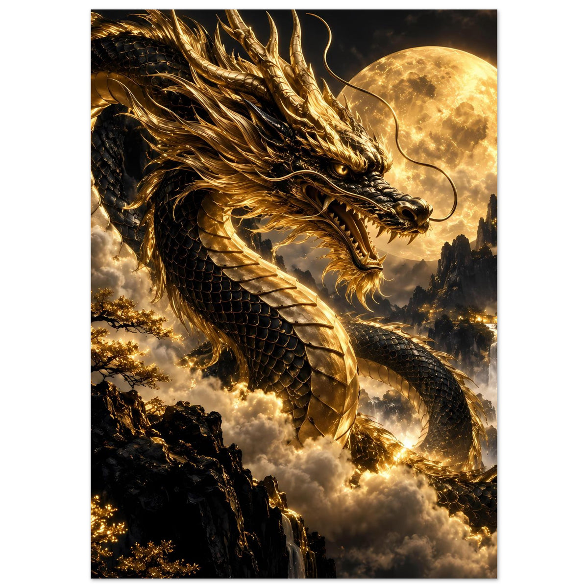 Vertikales Poster mit goldenem Drachen über Wolken, Vollmondlicht und dunkle Stadt