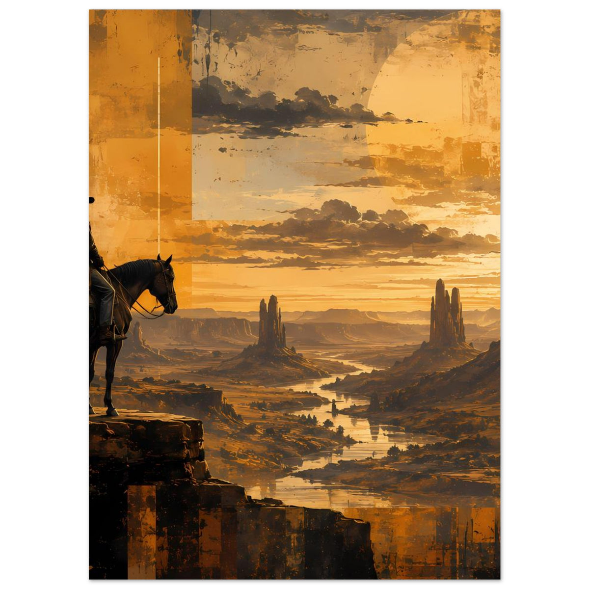 Wandposter mit Cowboy und Pferd links, Canyonlandschaft mit Fluss und warmem Abendlicht