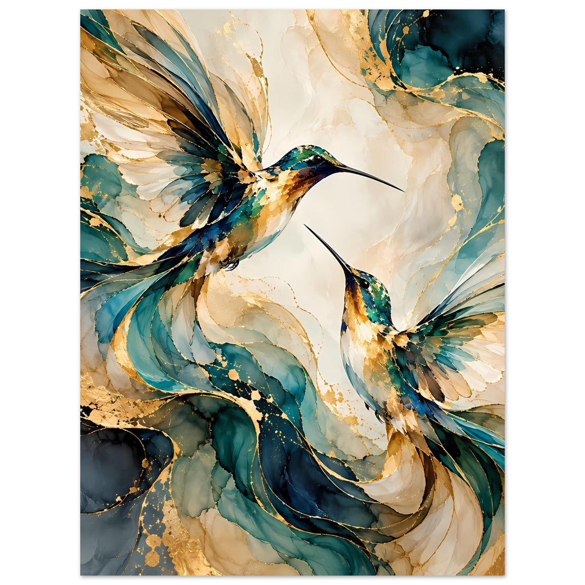 Vogelposter mit Kolibris in Blaugrün und Gold, flächige Aquarell-Federlinien