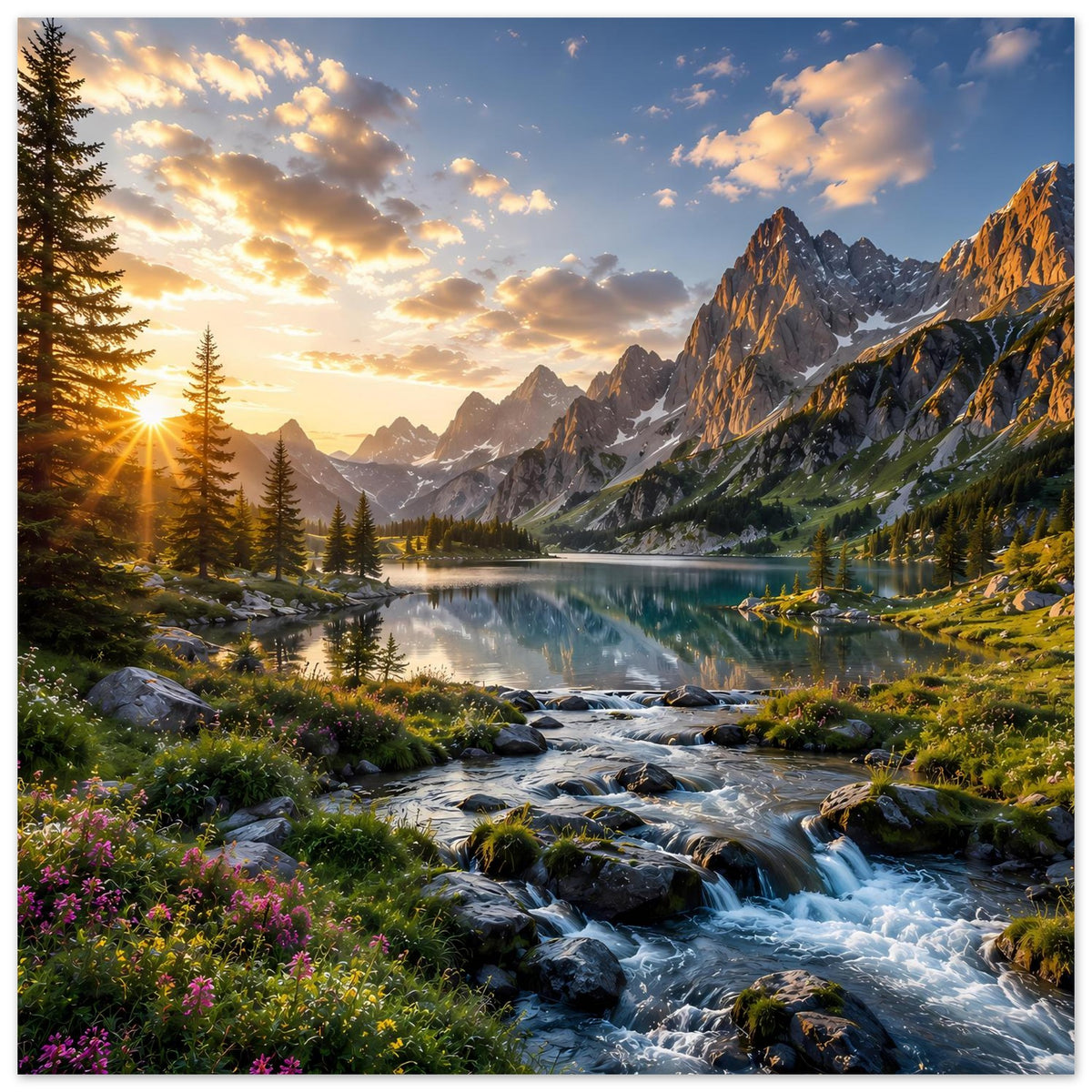Sonnenaufgangsposter: Alpenpanorama mit Bergkette, See-Reflexion und Bach durch Steine