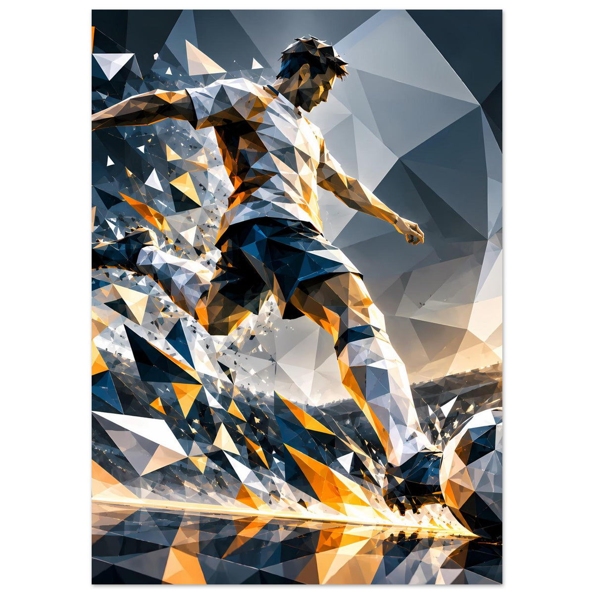 Fußballposter im Hochformat: abstrakter Spieler in Blau und Orange, Ball unten rechts