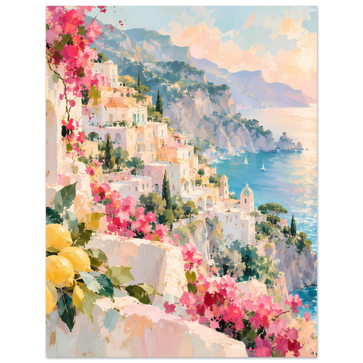 Kunstdruck-Poster, vertikal: Stadt am Hang mit rosa Blüten, gelben Früchten, Himmel über dem Meer