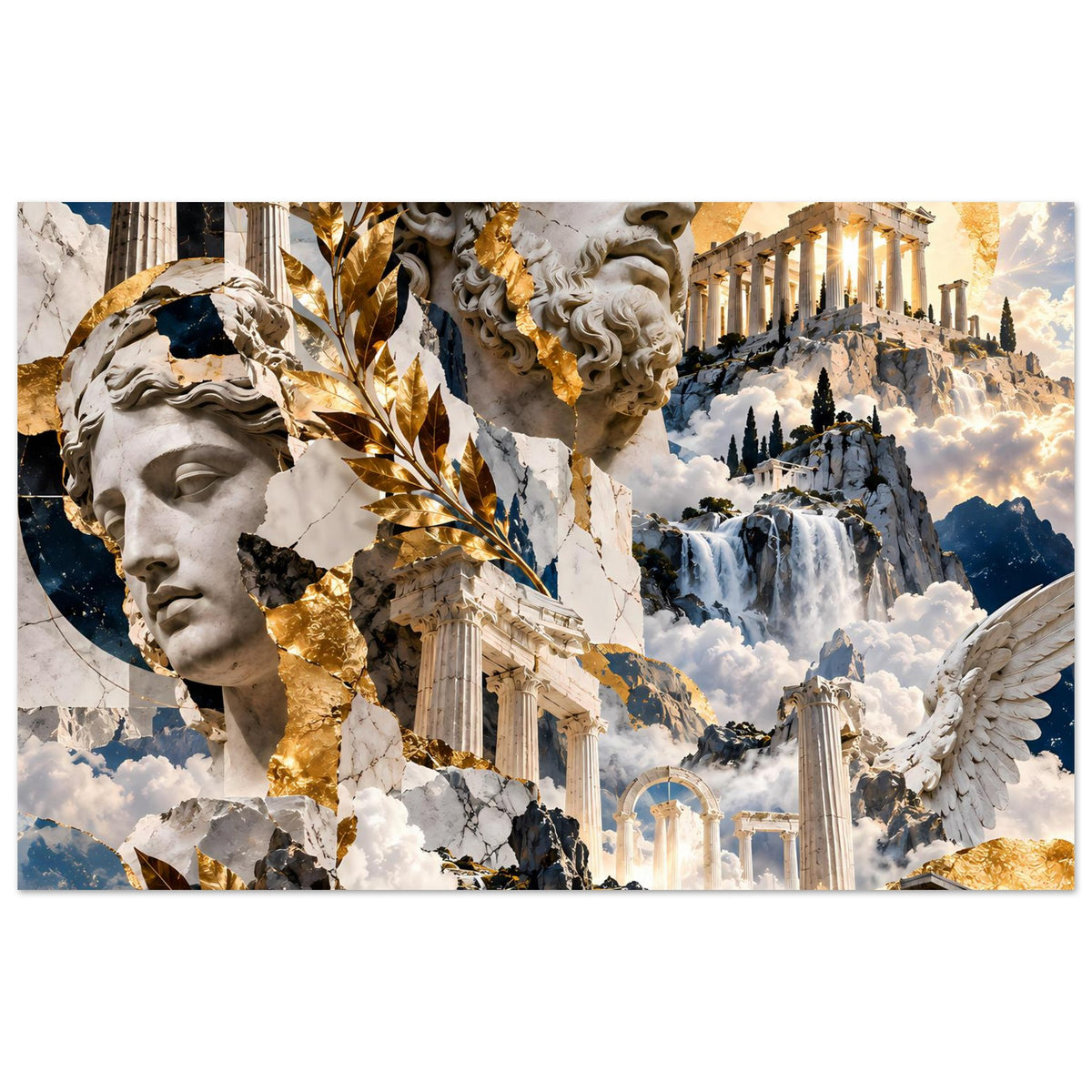 Querformatiges Poster mit antiken Statueköpfen, Säulen, Wasserfall und goldenen Ornamenten