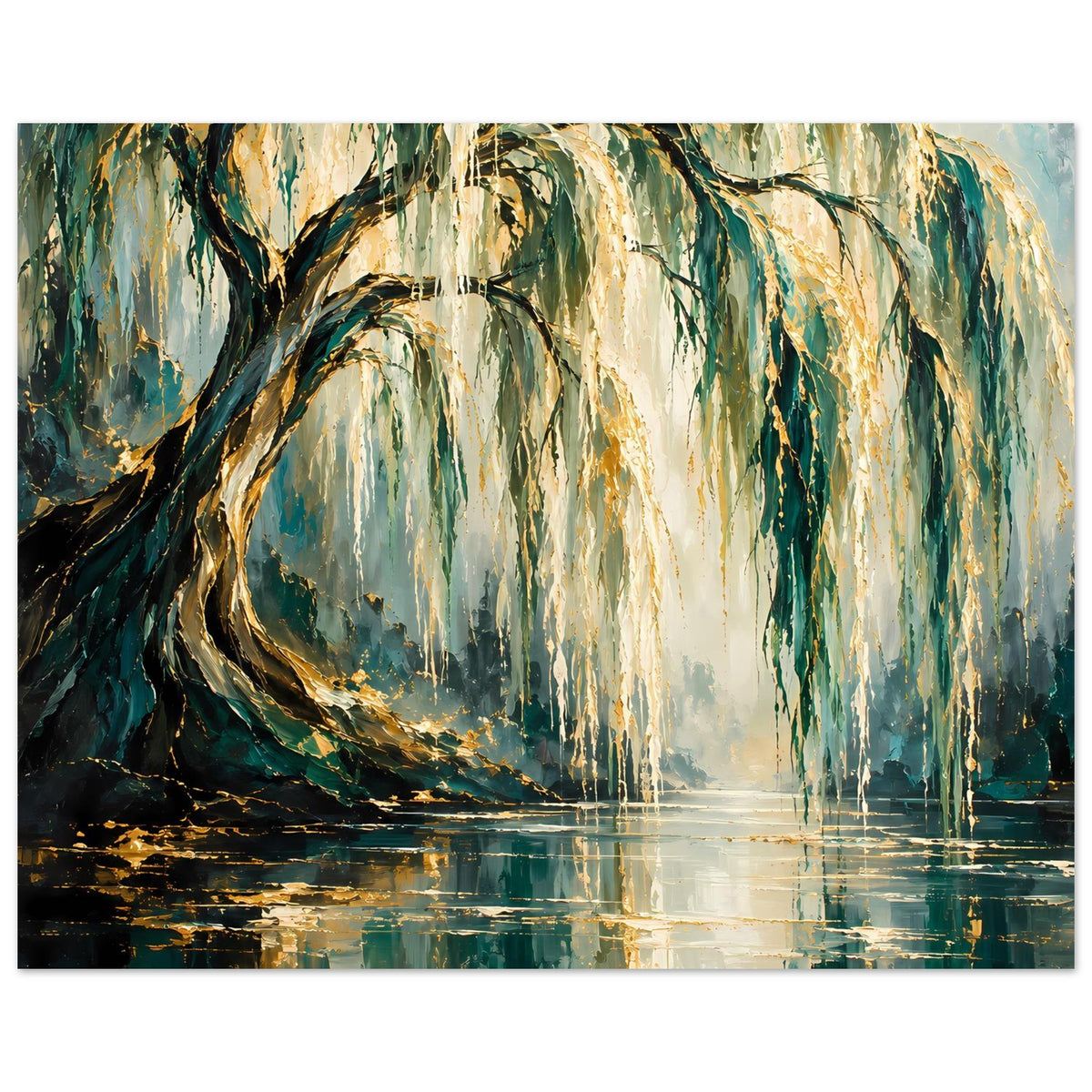 Poster mit Weidenbaum-Motiv: dominanter Baum, grüne und goldene Farbstreifen, ruhiges Wasser