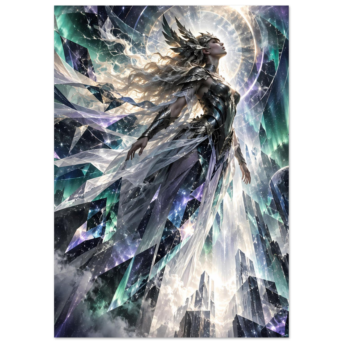 Fantasy-Poster: Kriegerfigur mit Flügeln und silbrigen Reflexen, leuchtende Kreisform im Hintergrund