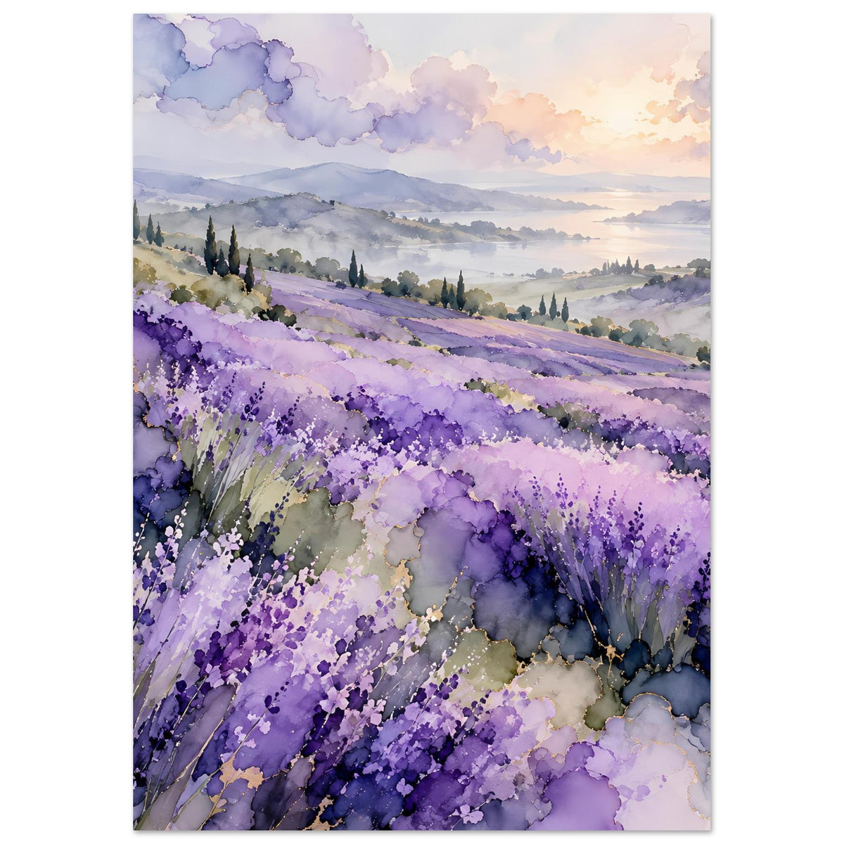 Vertikales Landschaftsposter mit lila Lavendel und weiter Landschaft im Aquarell-Look