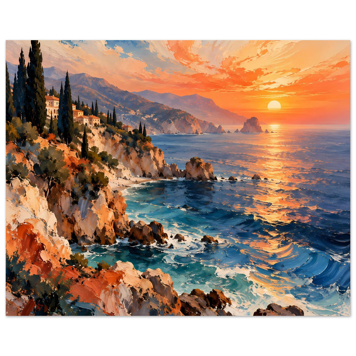Poster: Sonnenuntergang an der Steilküste, Wellen und orangefarbener Himmel