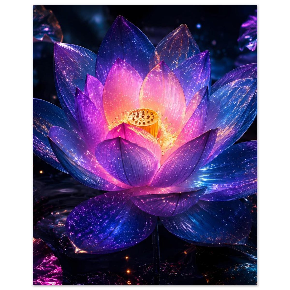 Poster mit leuchtender Lotusblume, violett-blauem Schimmer und goldener Blütenmitte
