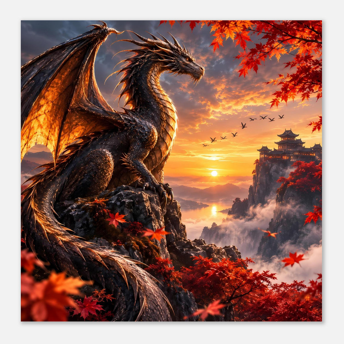 Poster: schwarzer Drache auf Felsen, rote Blätter, Tempel und Sonne im Abendhimmel