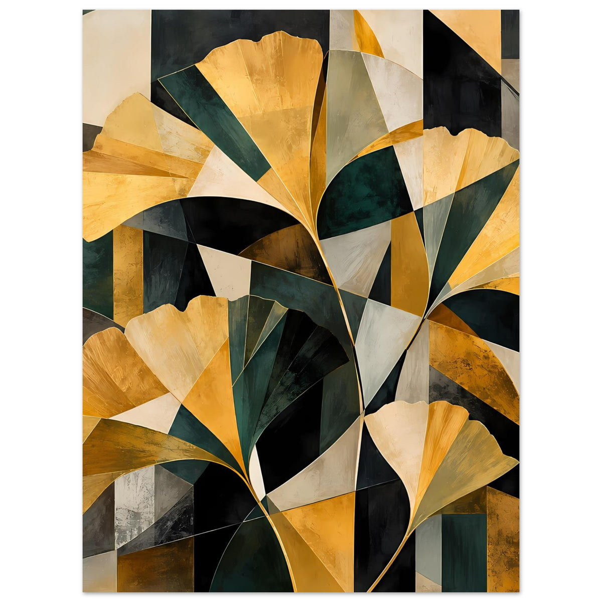 Abstraktes Blumenposter mit goldenen, grünen und schwarzen Blattformen auf gemischtem Hintergrund