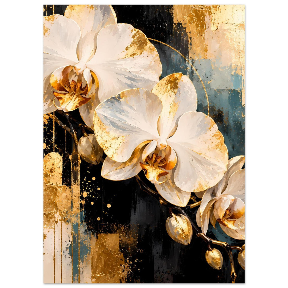 Poster mit weißen Orchideenblüten und goldenen Akzenten, Blüten und goldene Kugeln