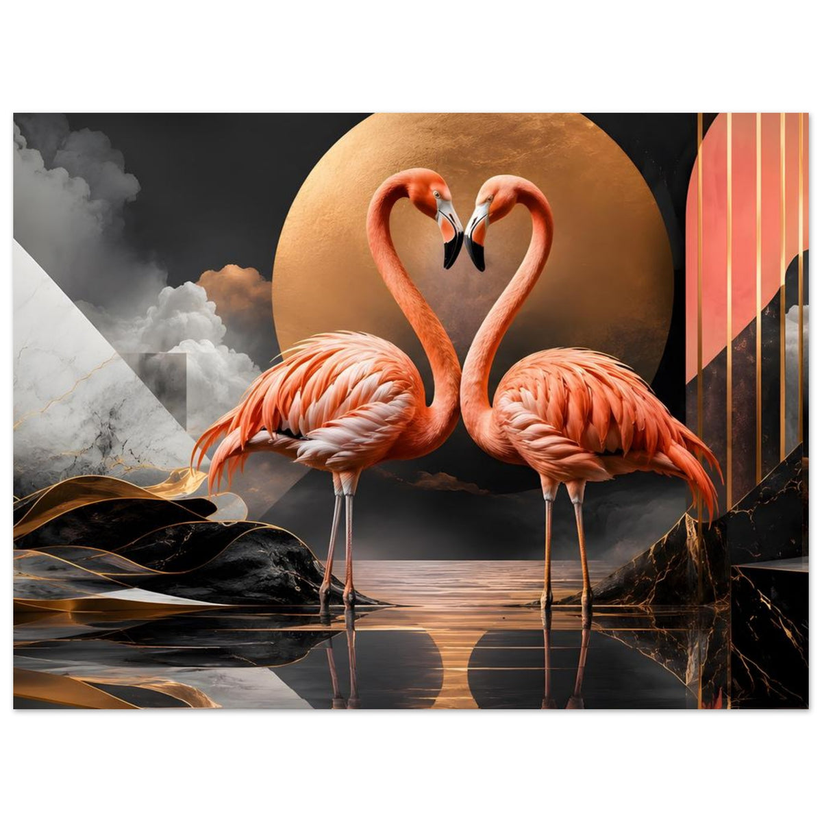 Poster mit zwei orangefarbenen Flamingos, Herzmotiv im goldenen Kreis, dunkle Farben