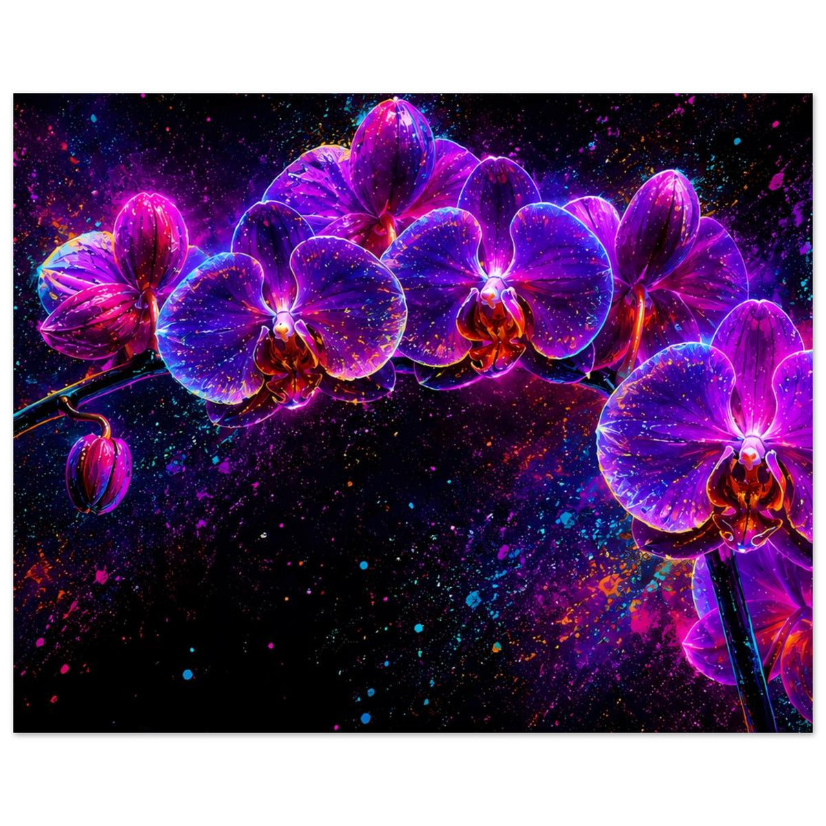 Neon-Orchideen-Poster mit großen lila Blüten, pinken Akzenten und leuchtenden Konturen