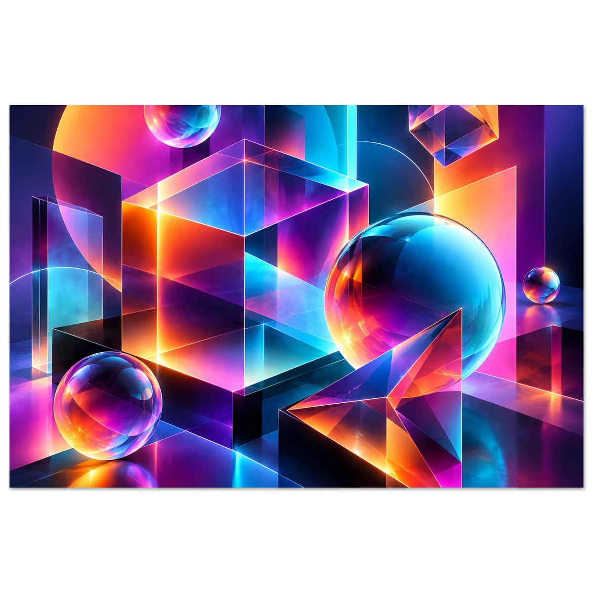 Neon-Geometrie-Poster im Querformat: geometrische Blöcke, Strahlen-Linien und Kugeln, Pink-Blau-Orange.