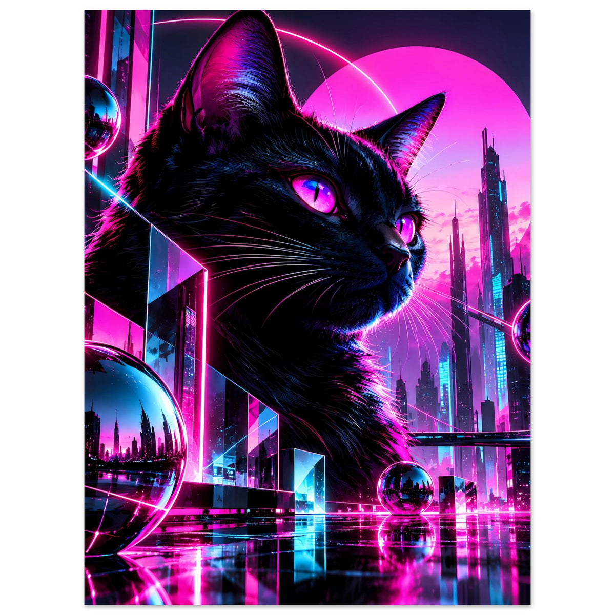 Neon-Katzenposter mit schwarzer Katze, magentafarbenem Kreis-Hintergrund und Neon-Architektur
