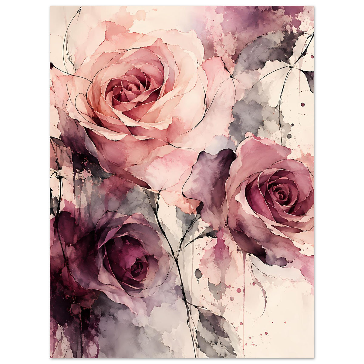 Poster mit Aquarell-Rosen in Rosa, Violett und Grau, mit drei Blüten