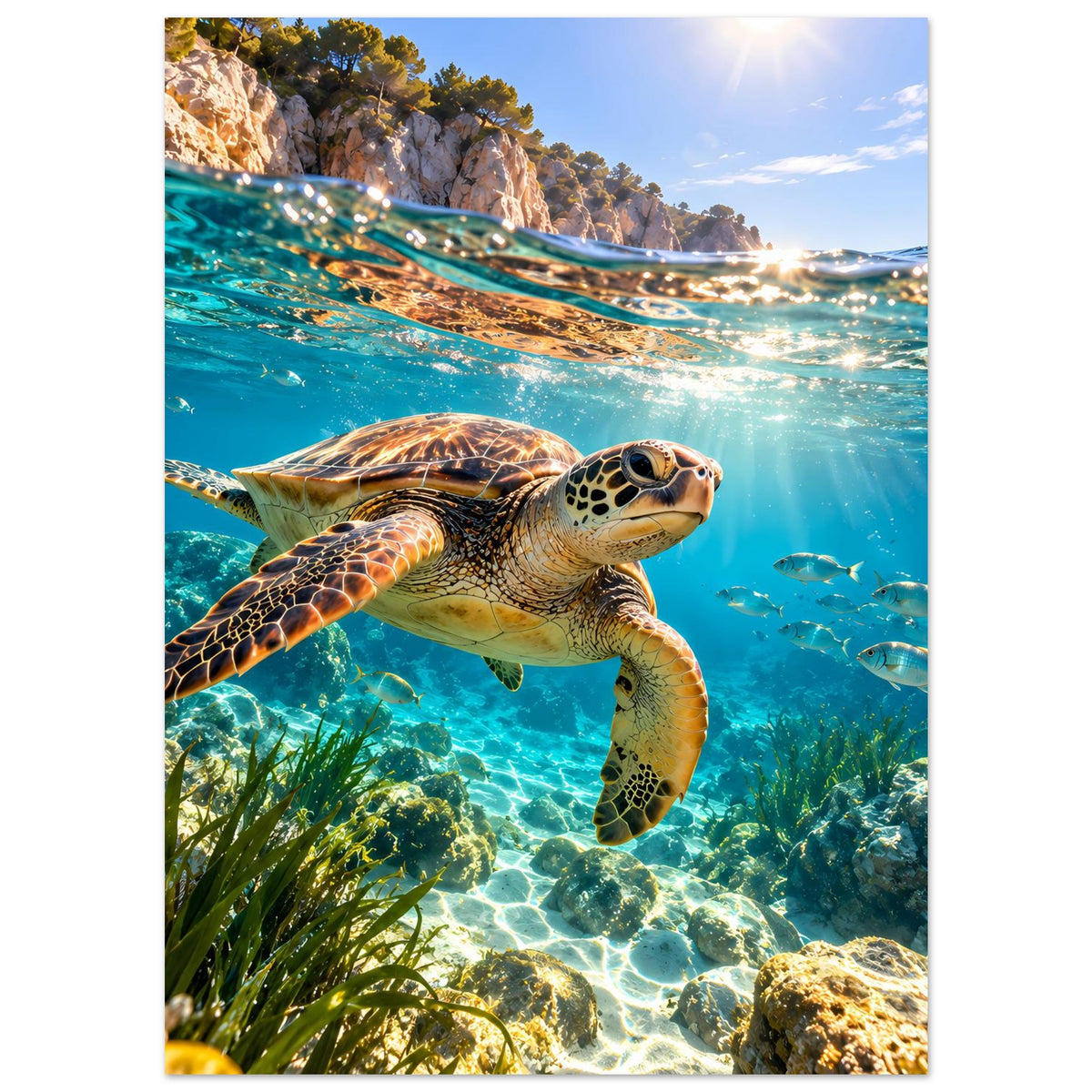 Meeresschildkröten-Poster (Hochformat): Schildkröte mit Flossen im Unterwasser nahe Korallen