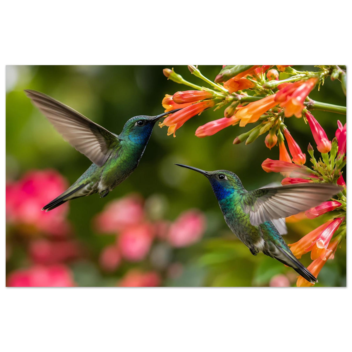 Querformat-Poster mit zwei Kolibris zwischen orangeroten Blüten und grünen Trieben