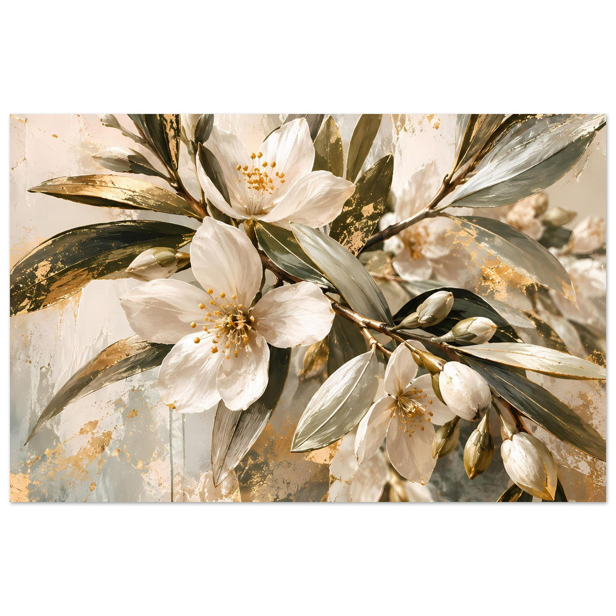 Blumenwandbild mit weißen Blüten, grünen Blättern und goldenen Akzenten