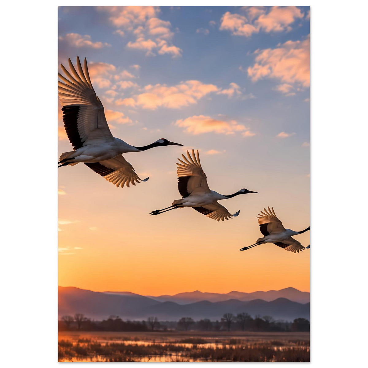 Poster mit fliegenden Kranichen vor goldenem Sonnenuntergang und Bergsilhouetten