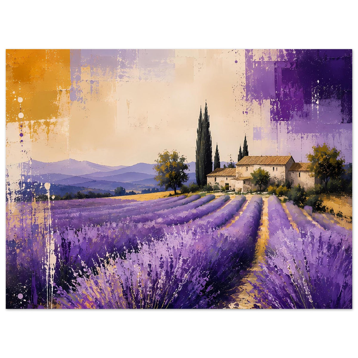 Lavendel-Landschaftsposter mit violetten Feldern, Zypressen und Pfad durch Lavendel