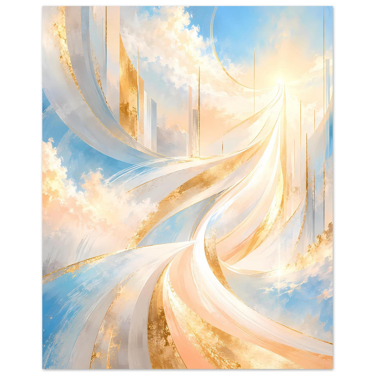 Abstraktes Poster mit goldenen und blauen Schwüngen über hellem Hintergrund, quadratisch