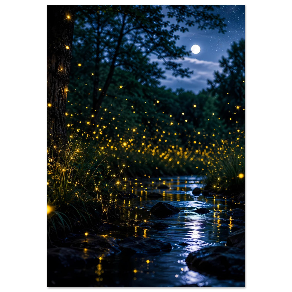 Leuchtposter im Hochformat mit gelben Glühwürmchen am Fluss und hellem Mond am Himmel