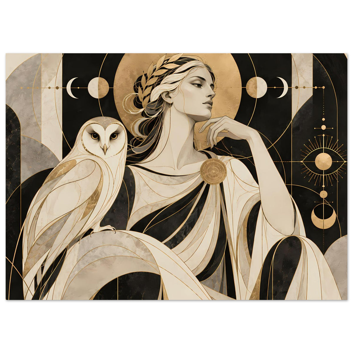 Breitformatiges Kunstposter mit Frau im Profil, Eule und goldenen Ornamenten auf dunklem Grund