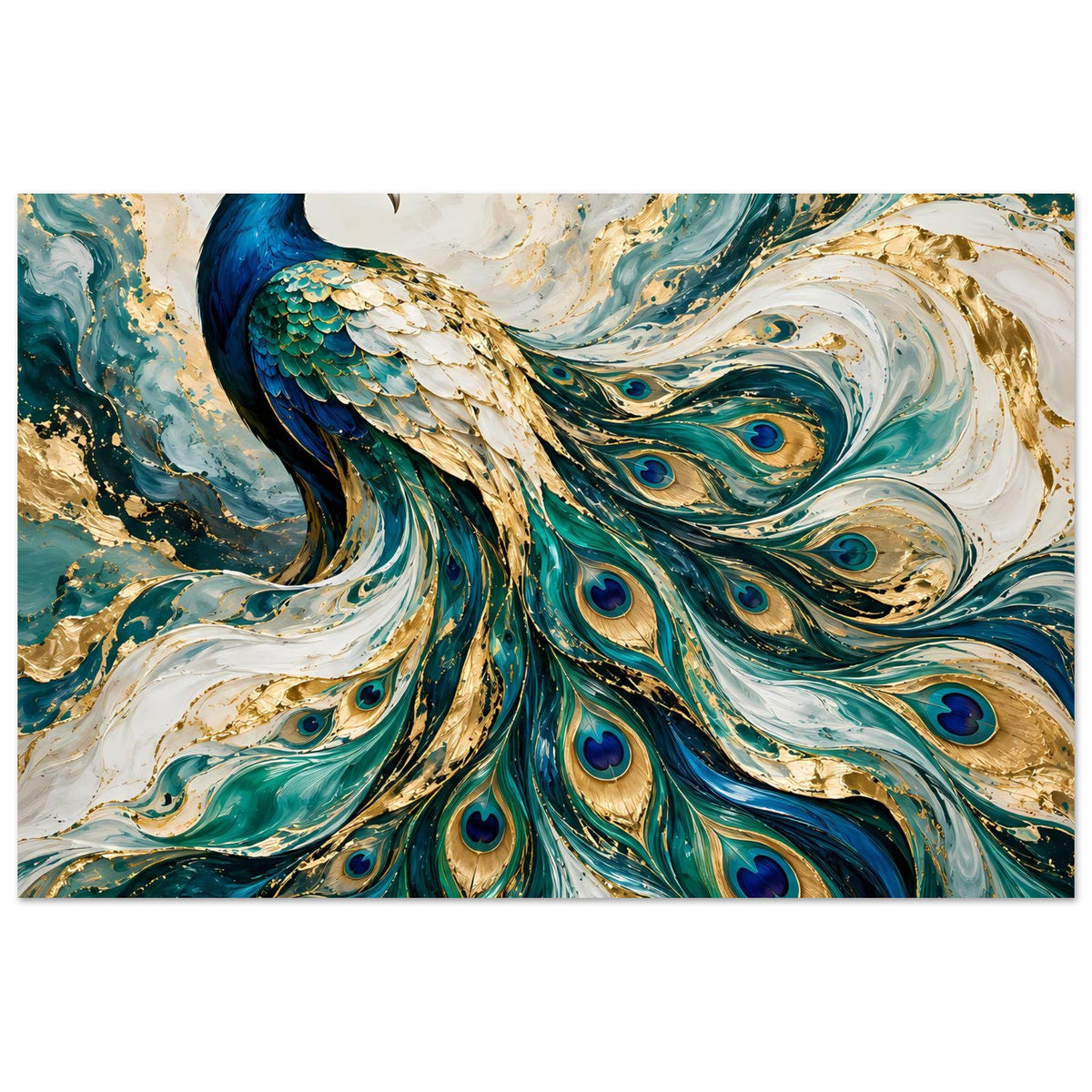 Kunstposter mit Pfau in Petrol, Türkis und Gold, horizontales Design mit Schweif