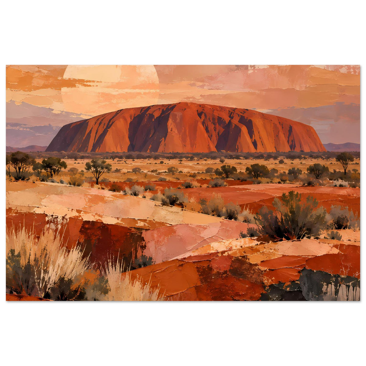 Wandposter im Querformat: Uluru-Felsrücken, Wüstenvegetation und warme Erdtöne.