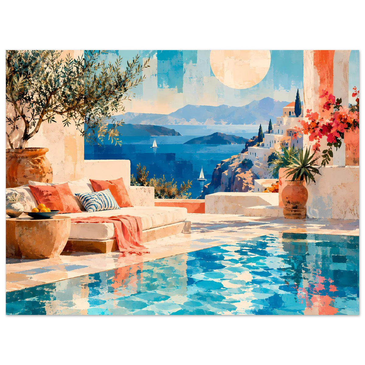 Mediterranes Küsten-Landschaftsposter im Querformat mit Meerblick und Pool im Blau