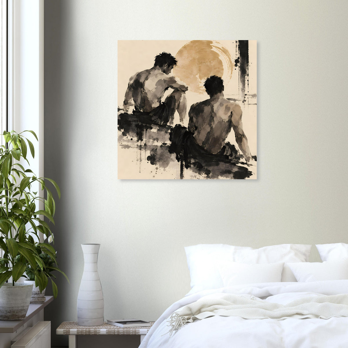 Figuratives Kunstposter mit zwei Personen in warmem Sepia, schwarze Pinselstreifen, gerahmt