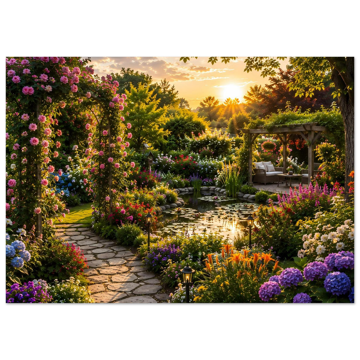 Gartenposter auf Premium-Mattpapier: Blumenmeer, Natursteinweg und beleuchtete Laternen