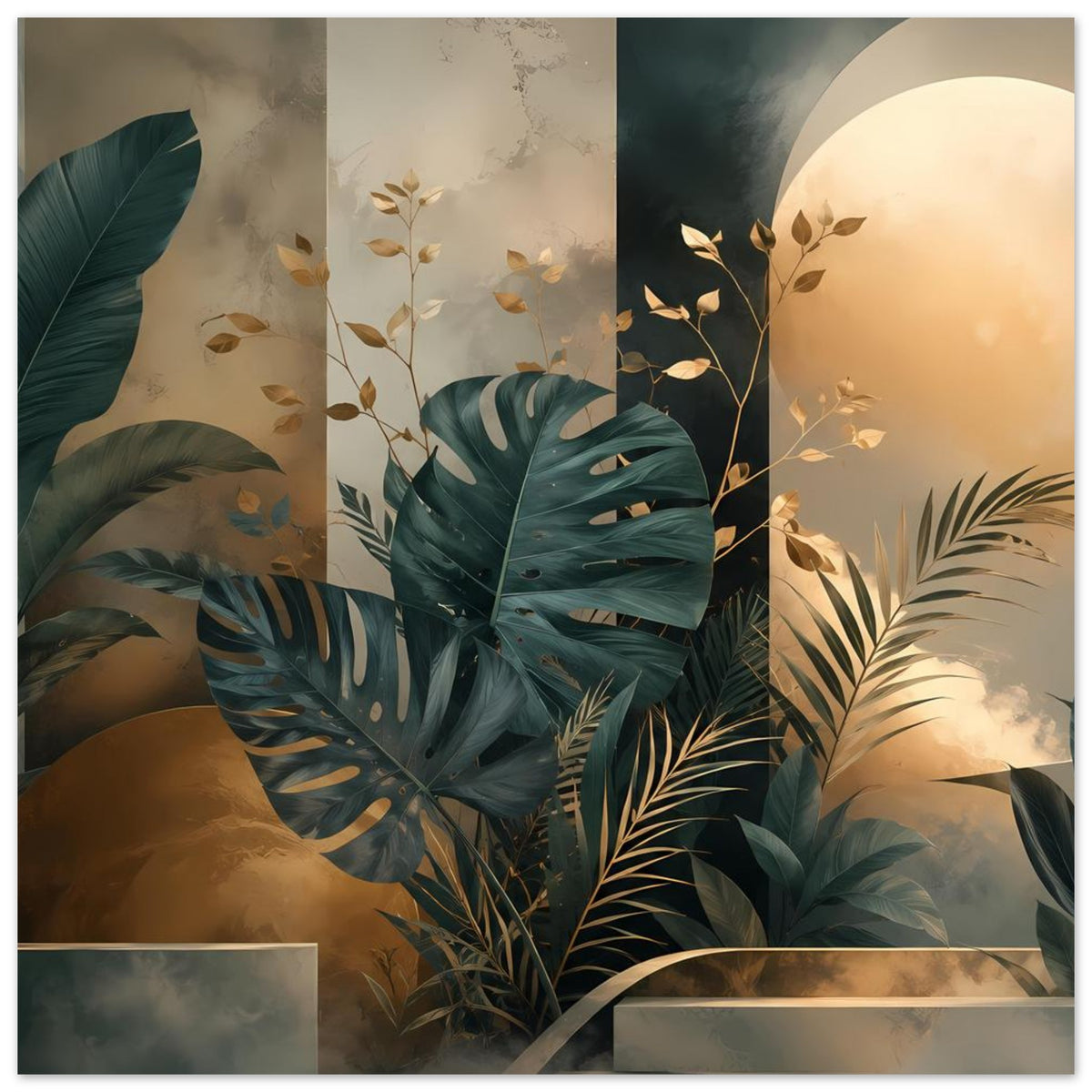 Tropisches Poster mit Monstera- und Palmblättern in Petrolgrün, flankiert von goldfarbenen Zweigen