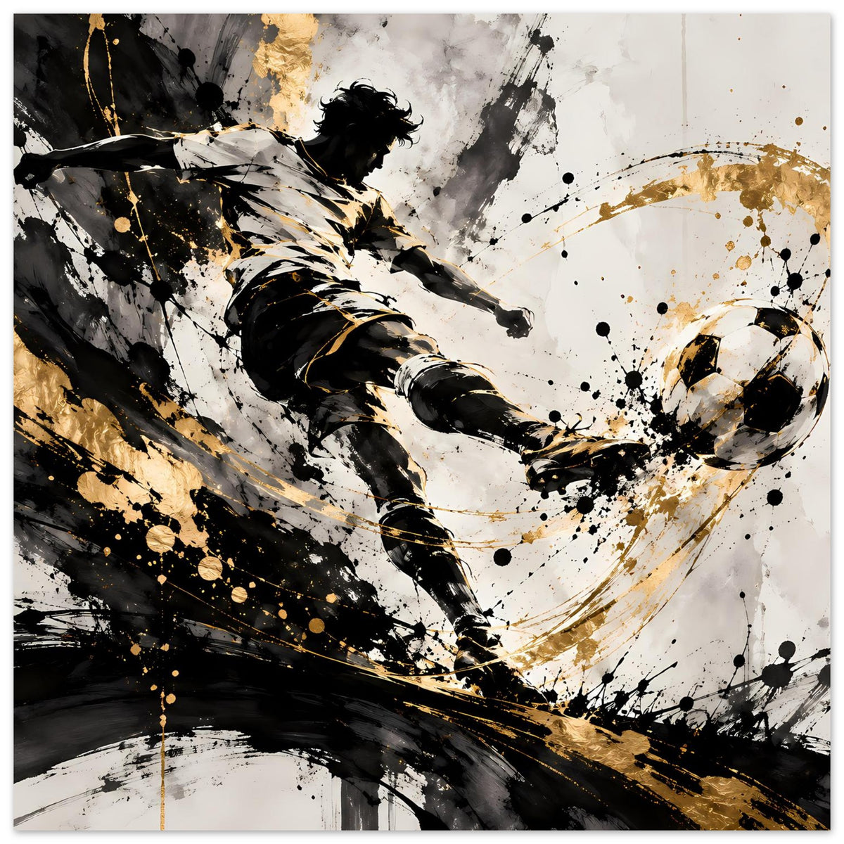 Fußballspieler-Poster mit Nahansicht: silhuettenartiger Spieler im Schwarz-Gold-Pinselstil