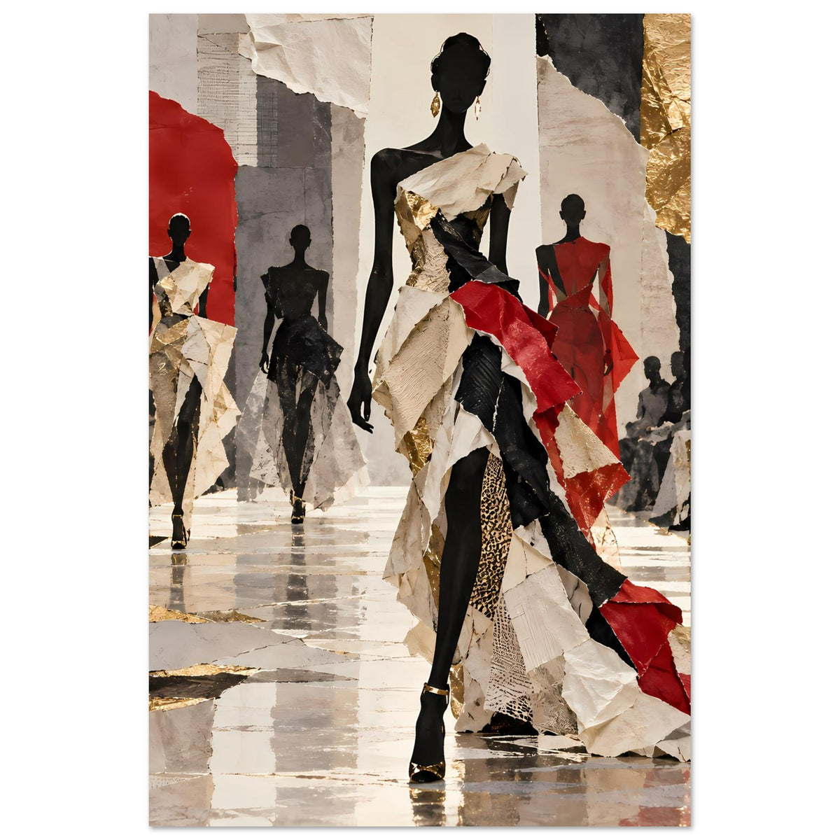 Modeposter mit Laufsteg-Illustration in Schwarz, Rot und Gold