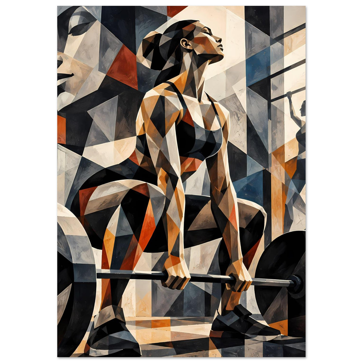 Gerahmtes Poster mit abstrakter Sportlerin und Hantelstange, orange-blaue geometrische Muster