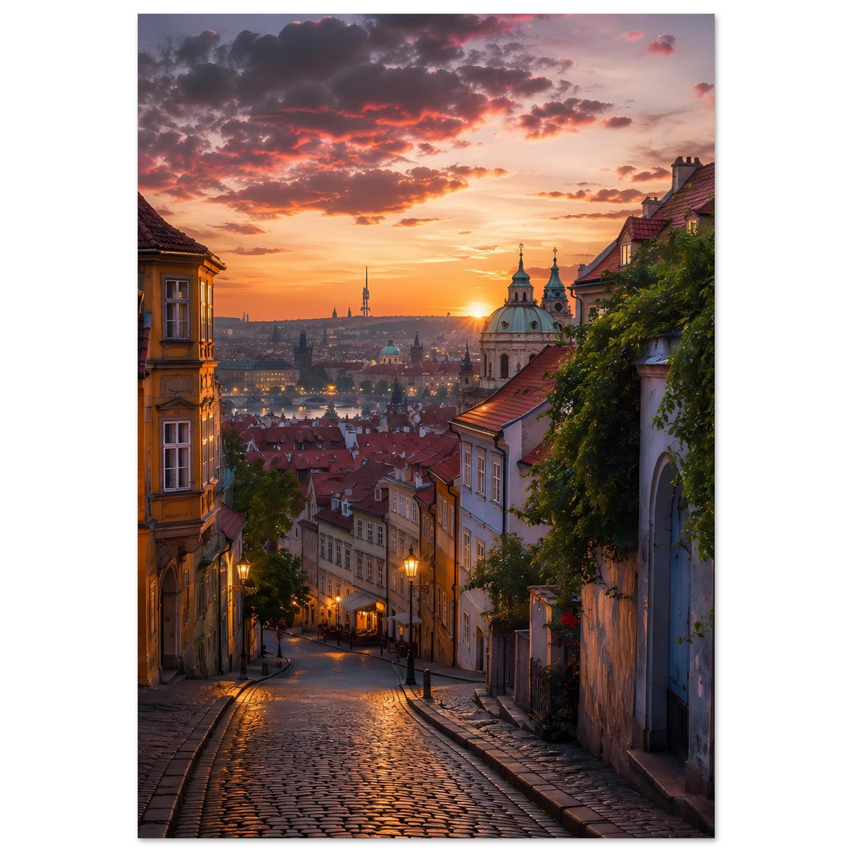 Vertikales Stadtlandschafts-Poster: Altstadtgasse, warmes Abendhimmel, Türme und Dächer.