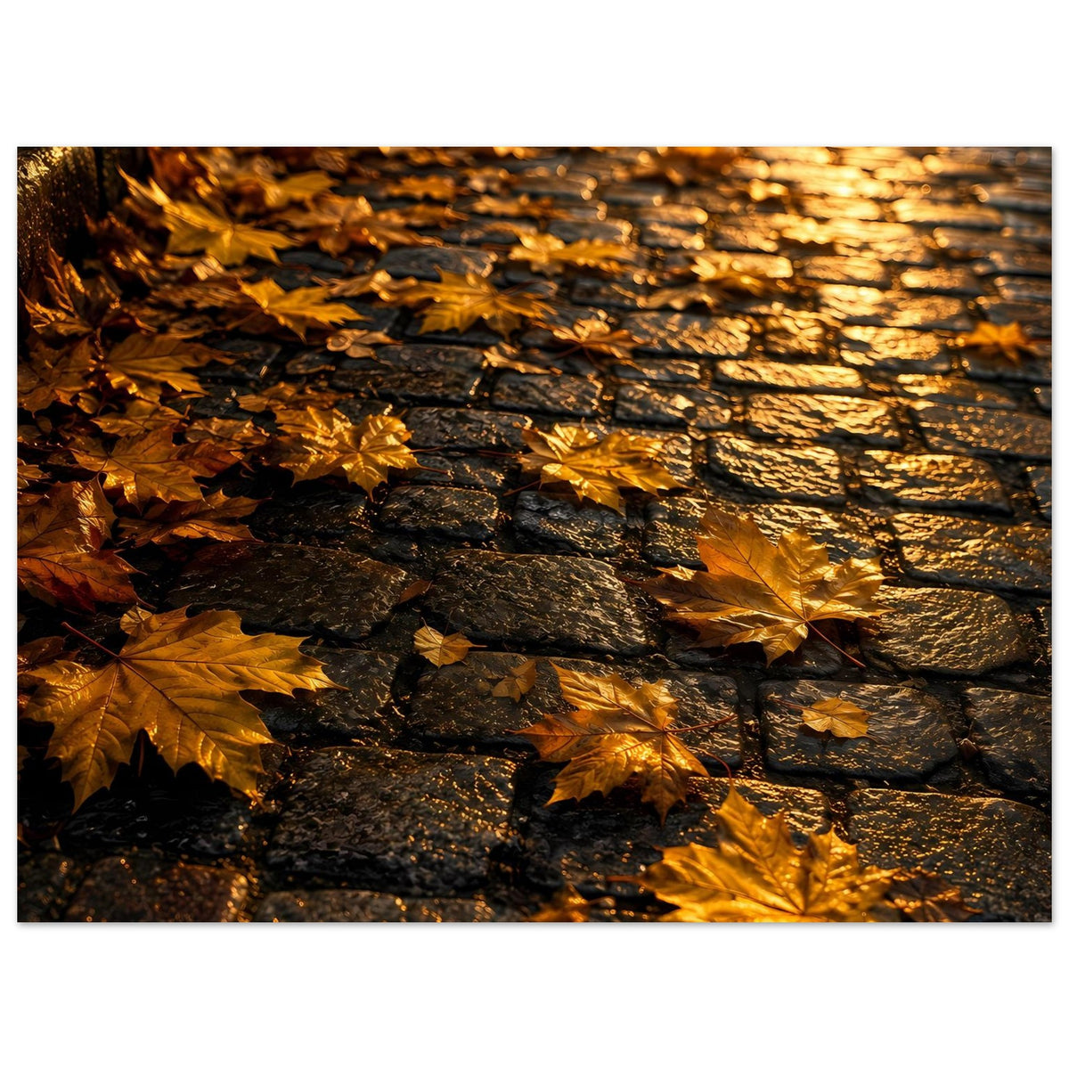 Herbstposter: goldene Ahornblätter auf dunklen Ziegeln, horizontal