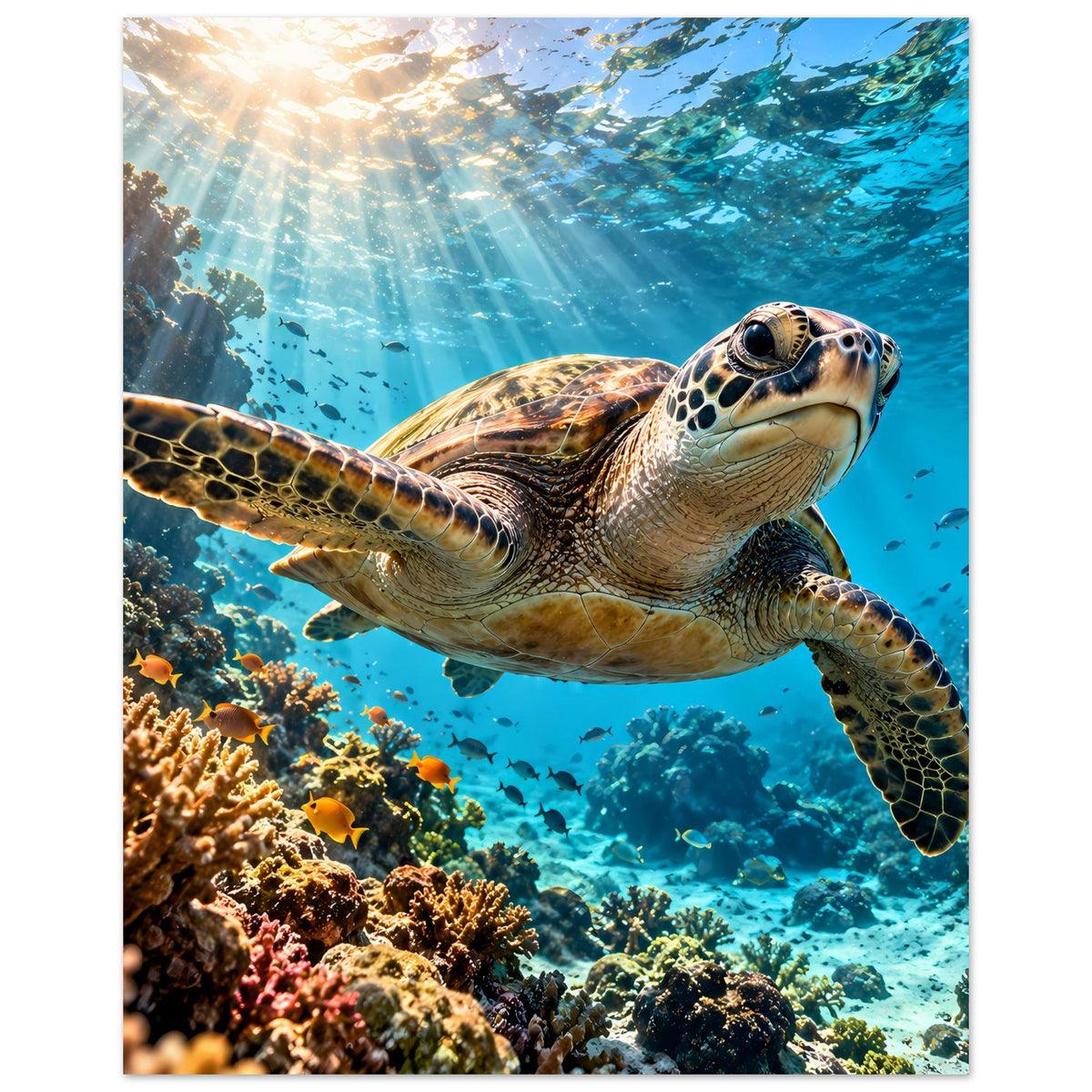 Hochformat-Poster mit Meeresschildkröte unter Wasser, leuchtende Blautöne und Korallenriff.