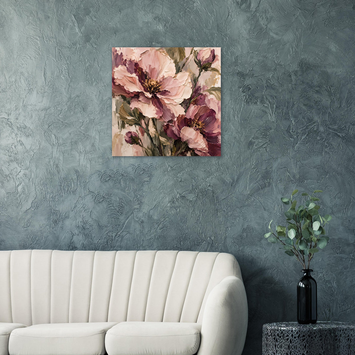 Blumenposter mit üppigem rosa-mauvem Blütenstrauß und grünem Blattwerk
