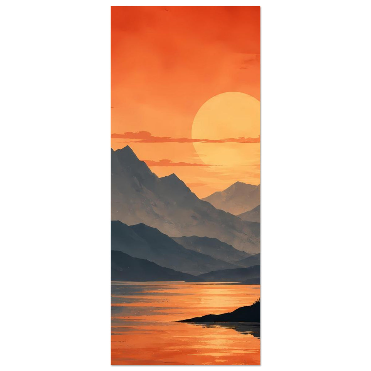 Schmales Poster im Hochformat: Sonnenuntergang über Bergsee mit großer gelber Sonne