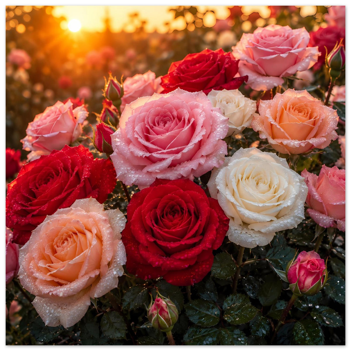 Poster mit Rosen in verschiedenen Farben, fokussiert auf die großen Blüten